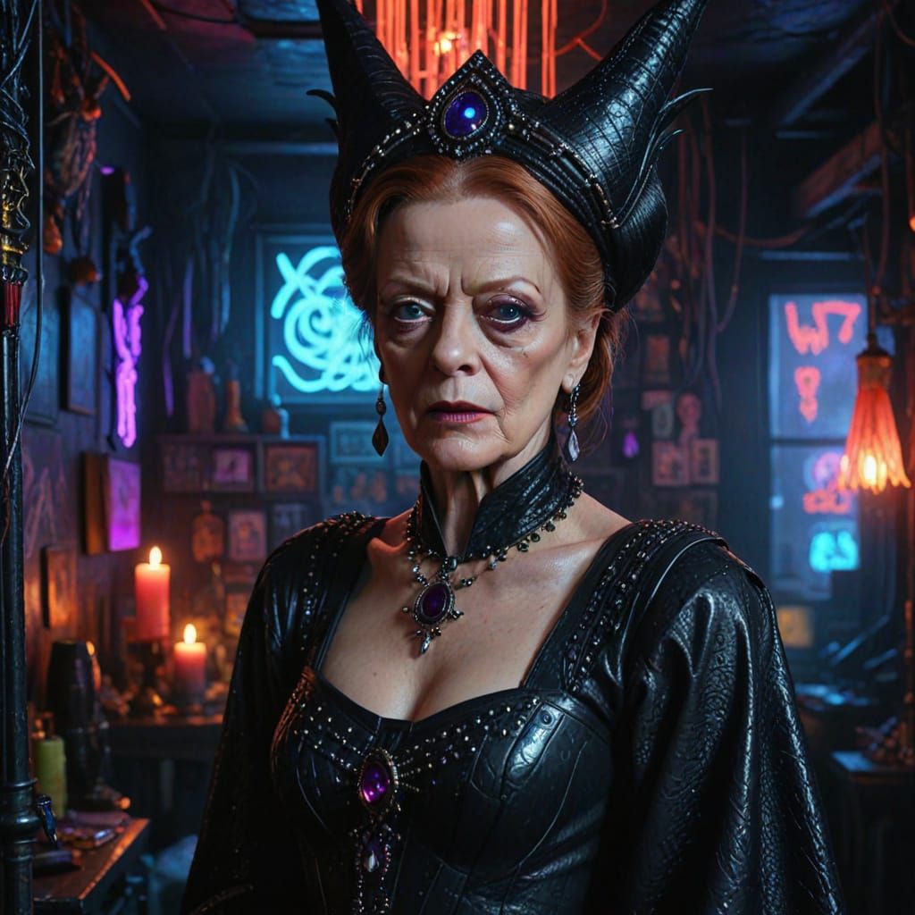Cyberpunk Evil Queen: Maggie Smith Portrait in Neon Noir