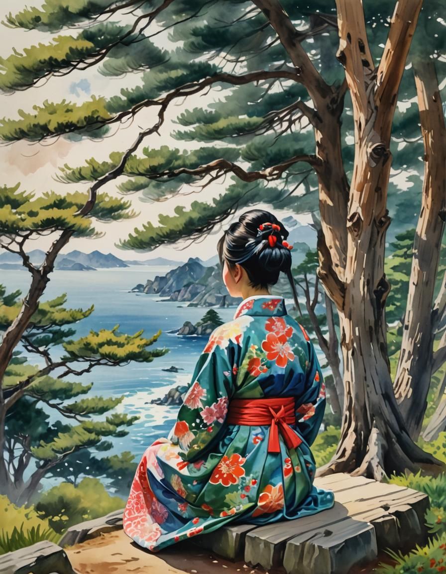Japanese Woman in Gouache Style Among Cedar Trees