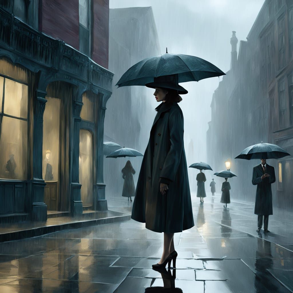 Surrealist Woman Defies Gravity in Rainy Cityscape, à la Mag...