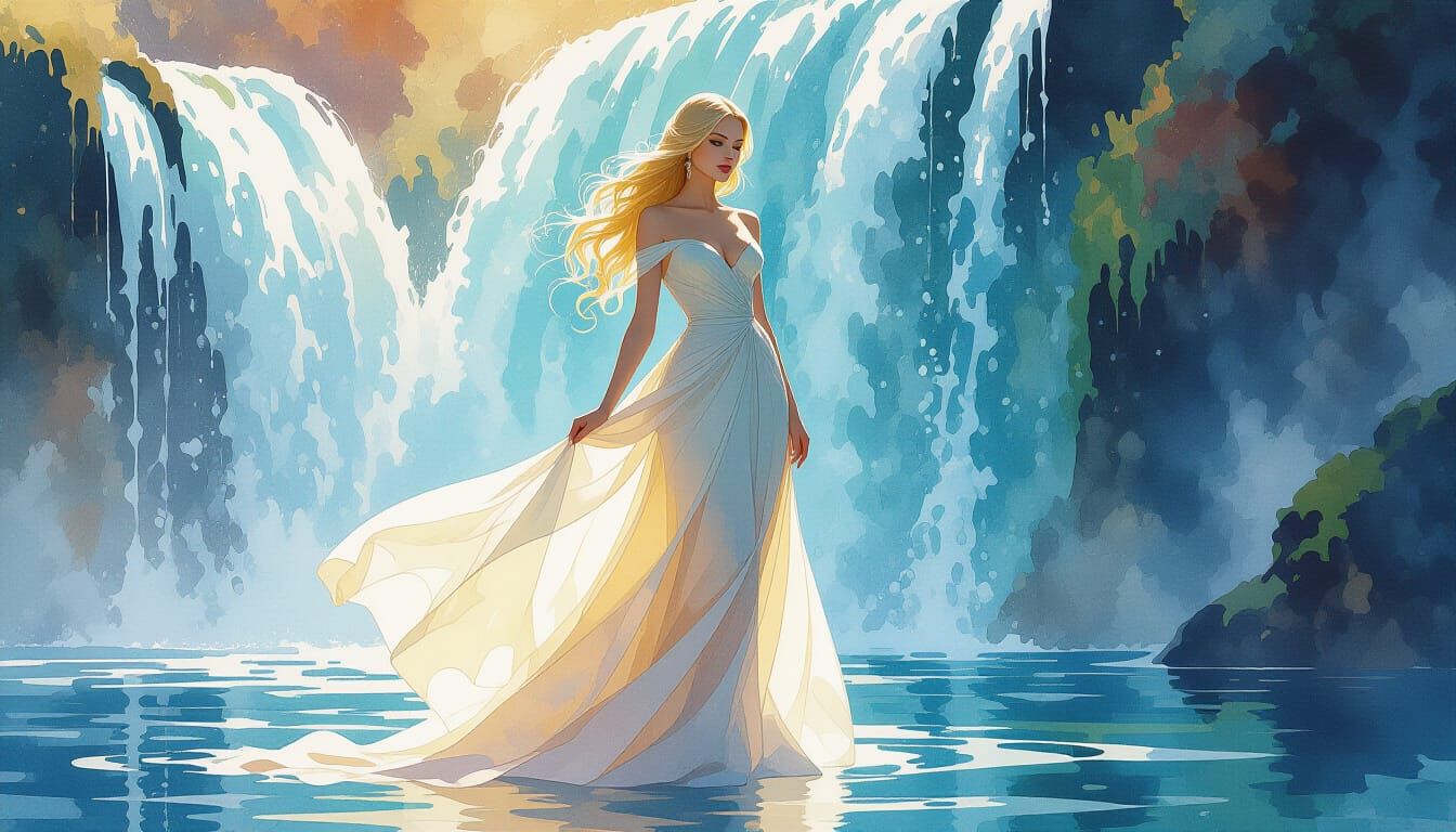 Elegant Woman Posing by Waterfall in Klimt Style