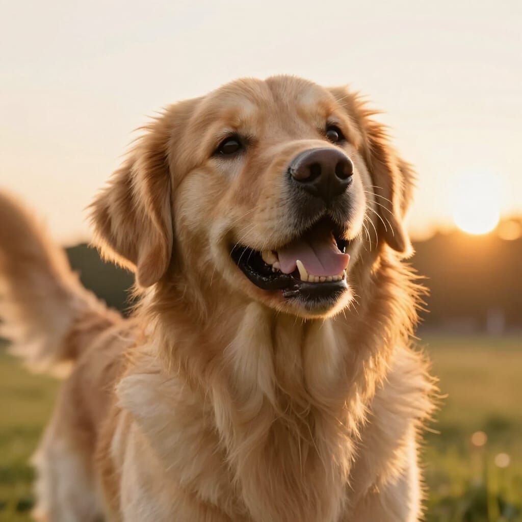 Golden Retriever Sunrise: Joyful Canine in Golden Hour Light