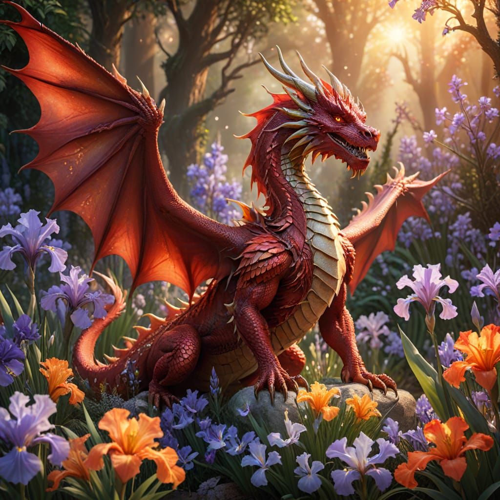 Enchanted Forest Dragon with Vibrant Blooms in Whimsical Sty...