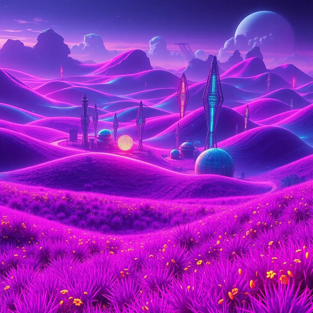 Neon-Lit Futuristic Farm in a Digital Painting Style