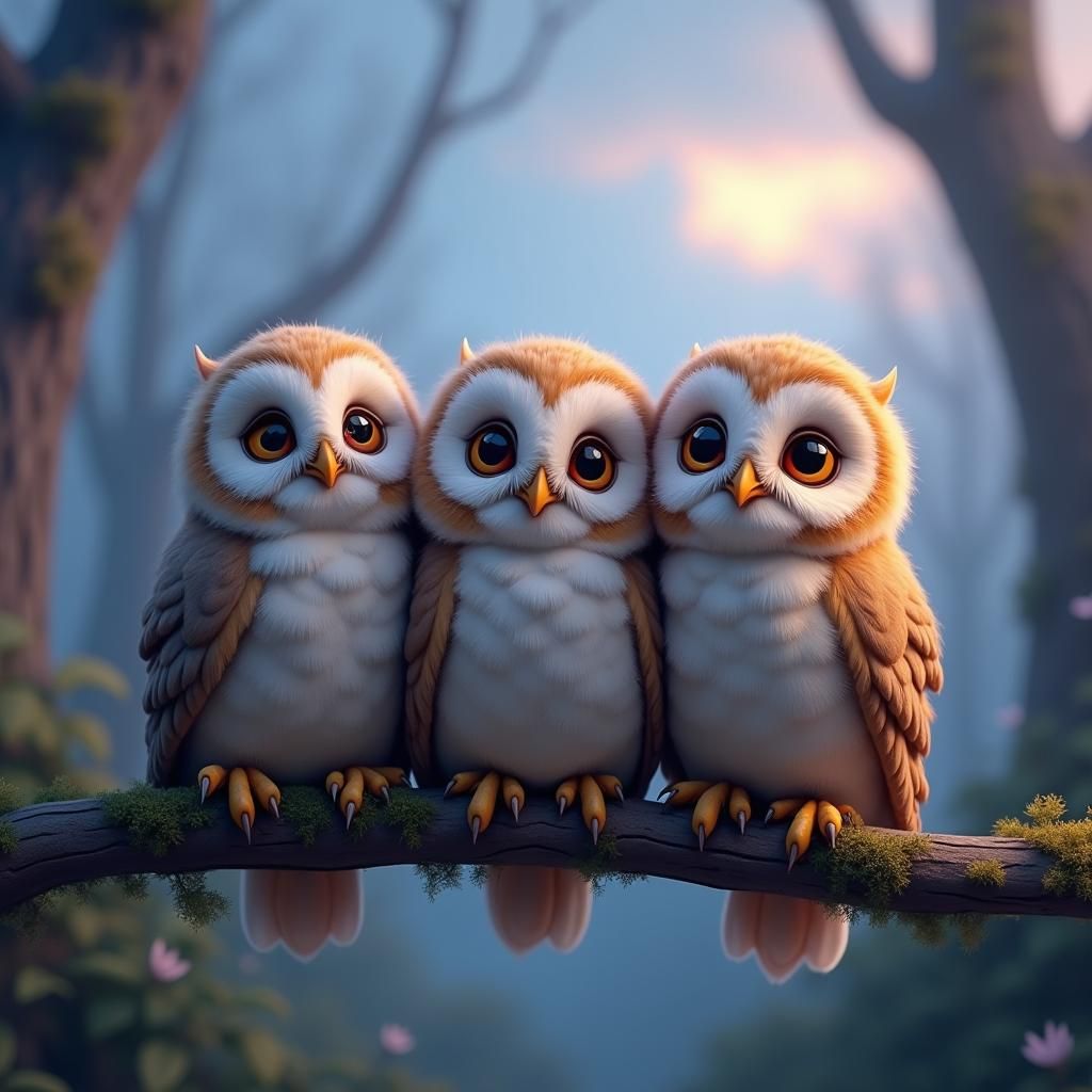 Adorable Baby Owls in Mystical Forest