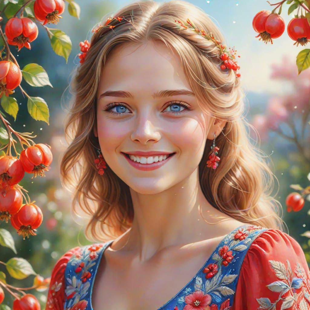 elegant woman, light brown hair, blue eyes, smile, red dress with embroidery, sitting on the veranda, pink rosehip bush ...