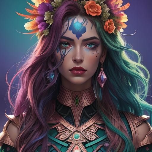 Rainbow Woman with Peacock Feathers, in Comic Book Style