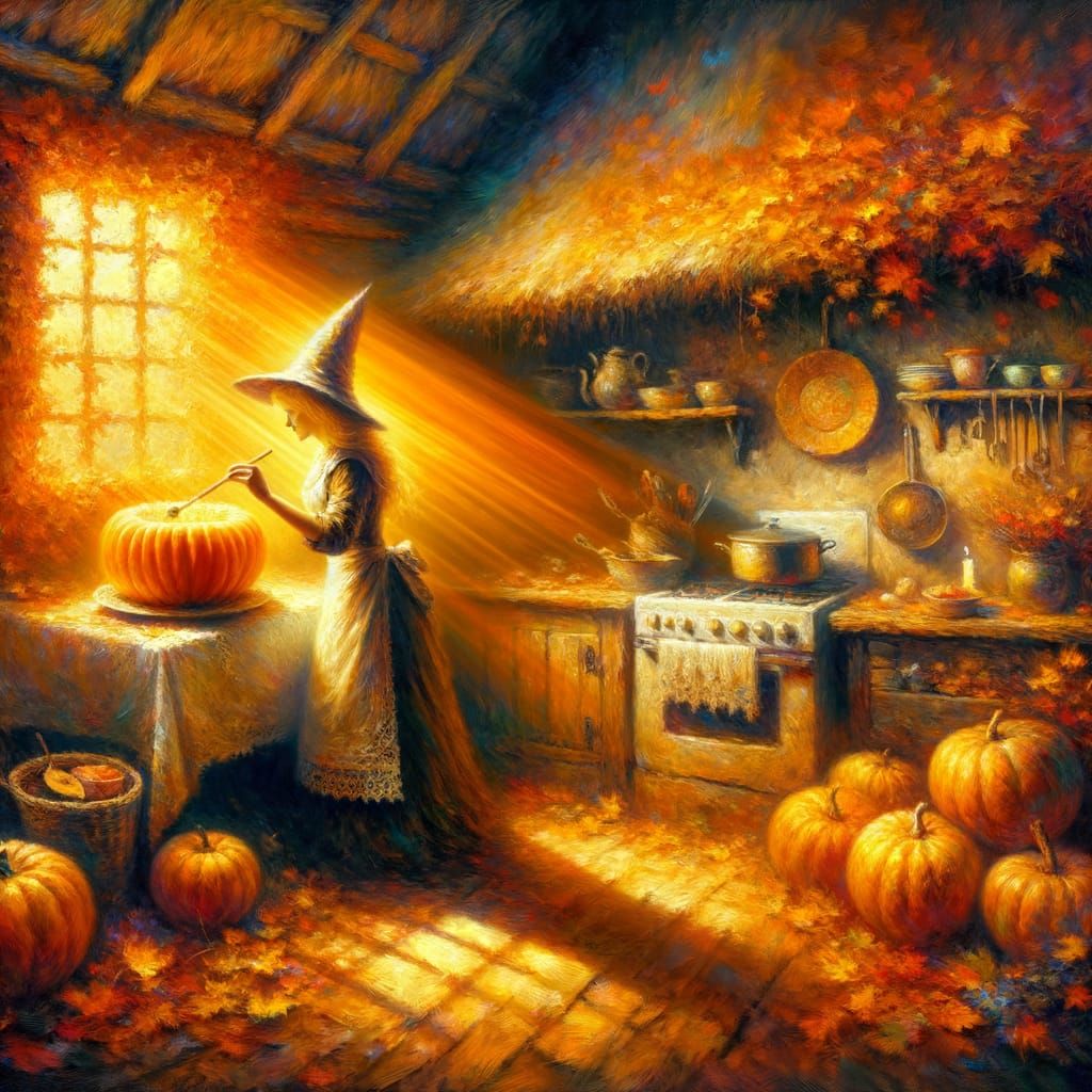 Whimsical Witch Prepares Glowing Pie in Cozy Kitchen