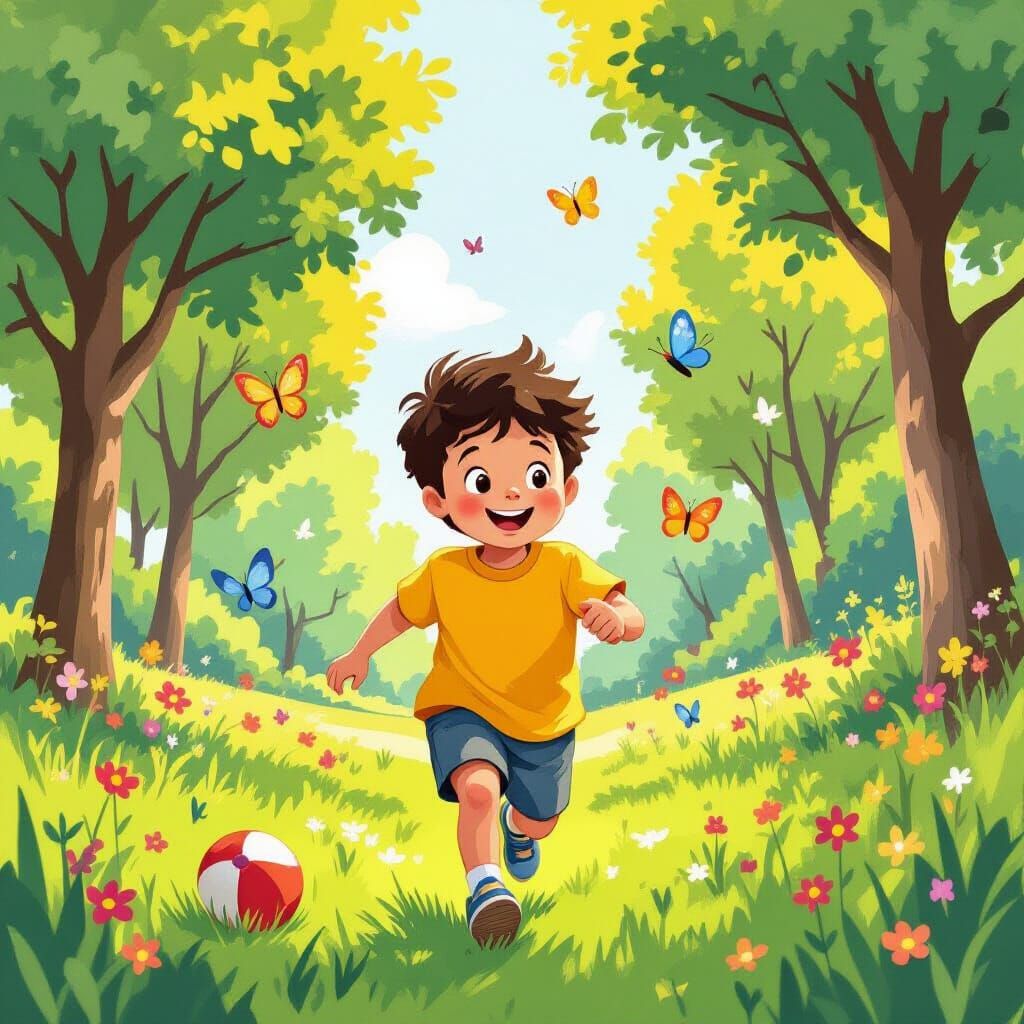 Boy in Park with Butterflies, Whimsical Illustration