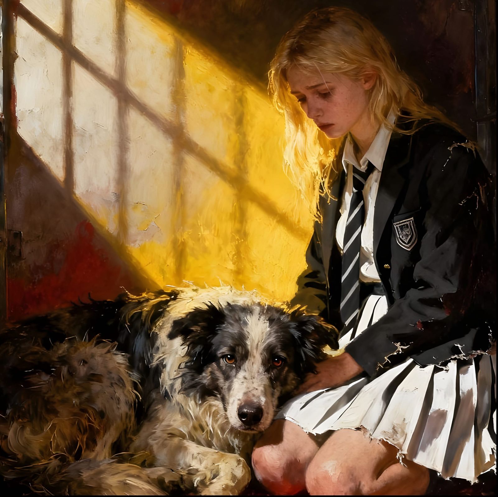 Woman and Dog Find Solace in Dim Shelter