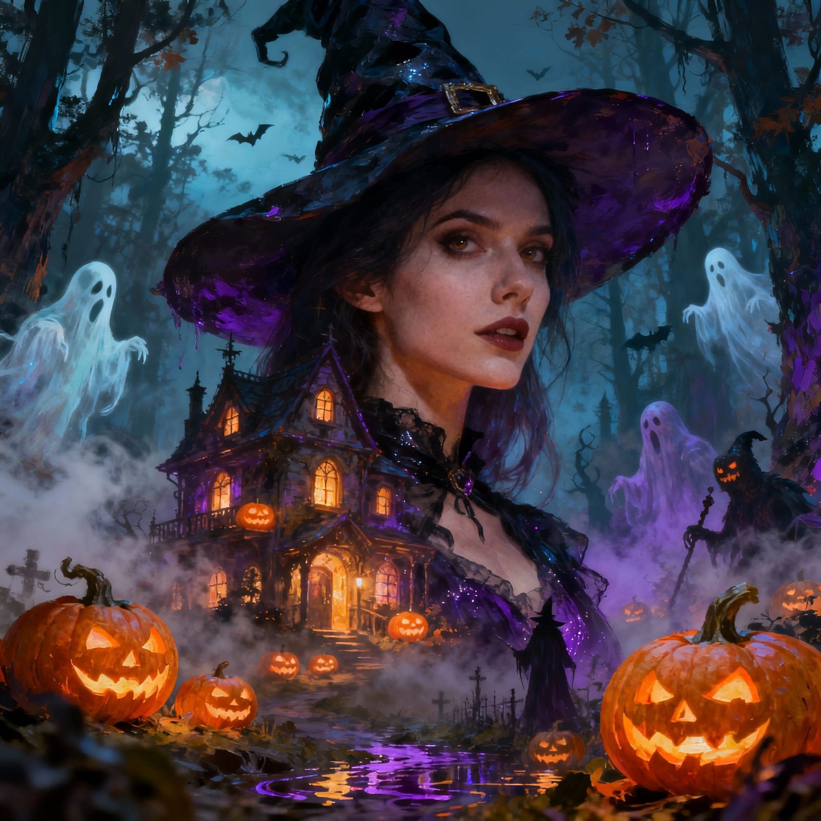 portrait Witch, A haunted house glowing with jack-o'-lantern...