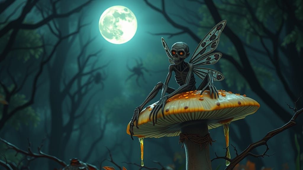 Eerie Moonlit Forest Scene with Zombie Fairy