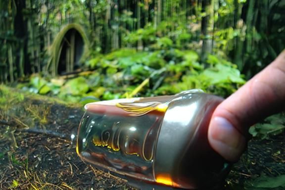 Liquid Amber Bottle in Dark Forest Setting