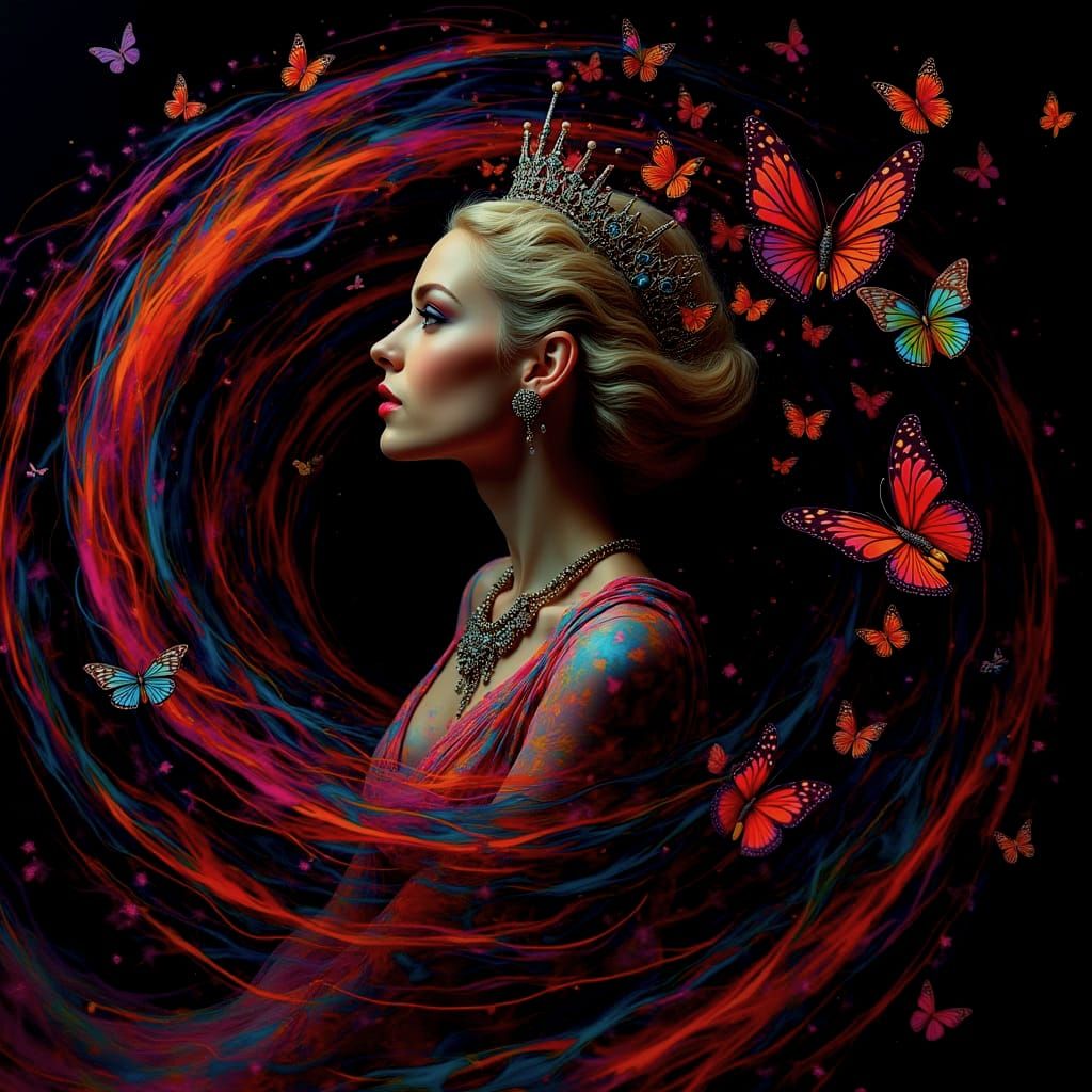 Regal Woman with Iridescent Hair in Psychedelic Vortex