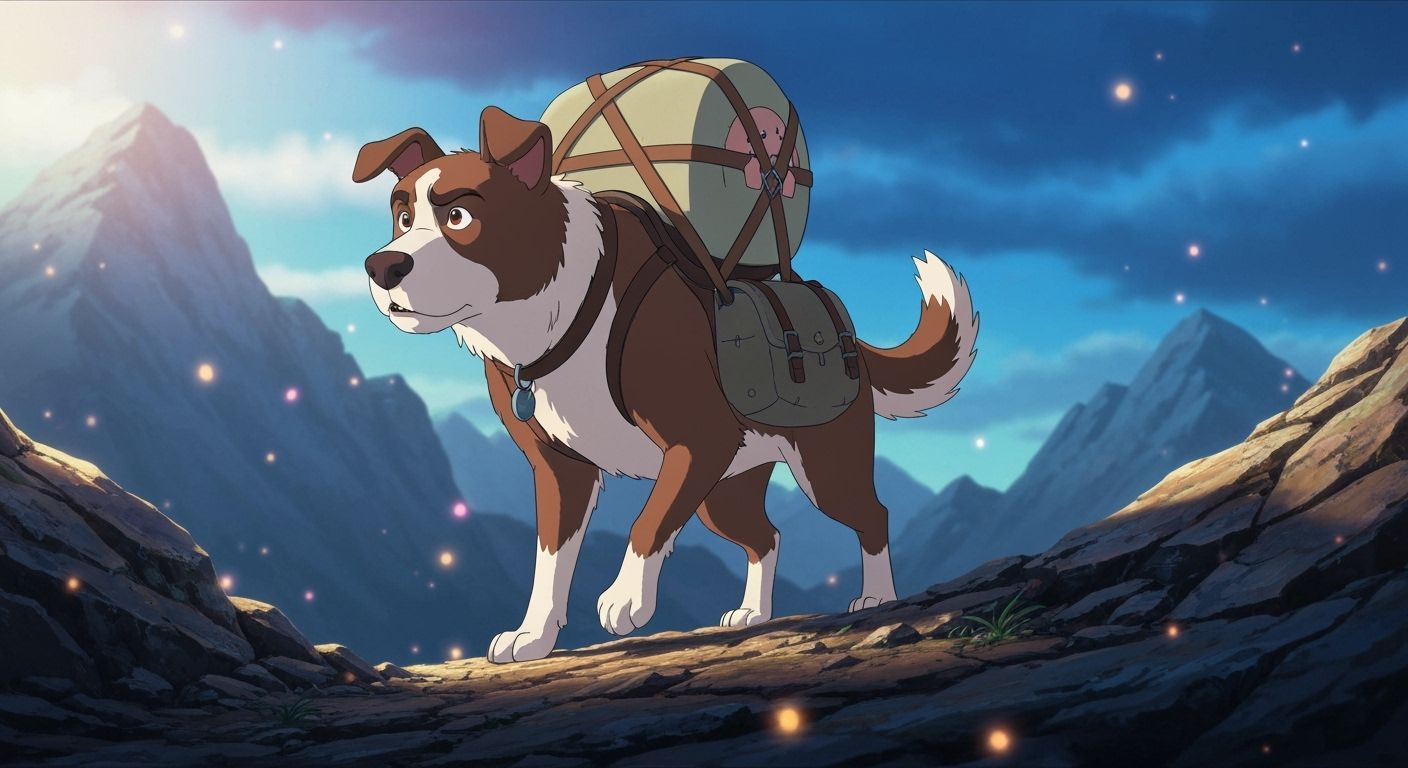 Dog Carrying Cradle on Mountain Trail in 2D Animation Style