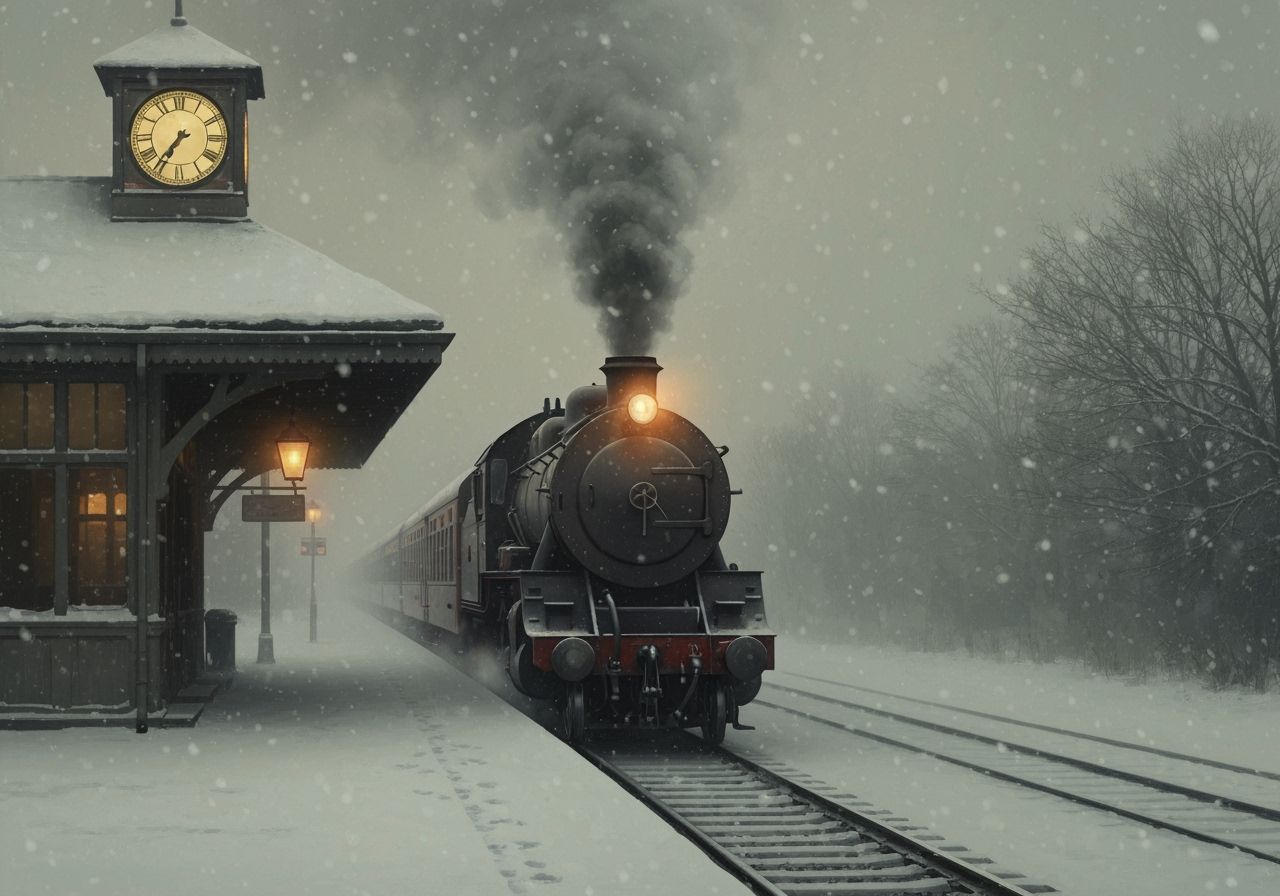 Vintage Steam Train Arriving on Foggy Winter Day