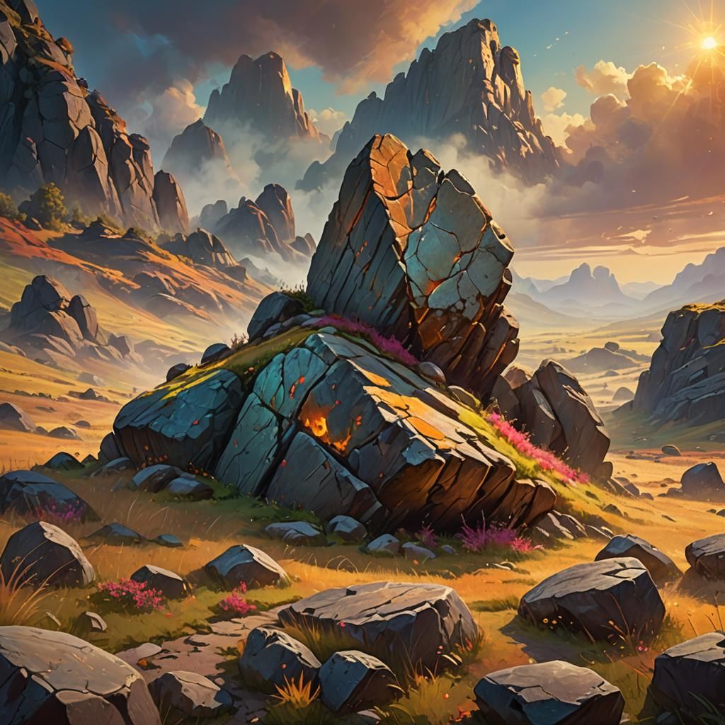 Mysterious Ancient Rock in Golden Light: Oil Painting