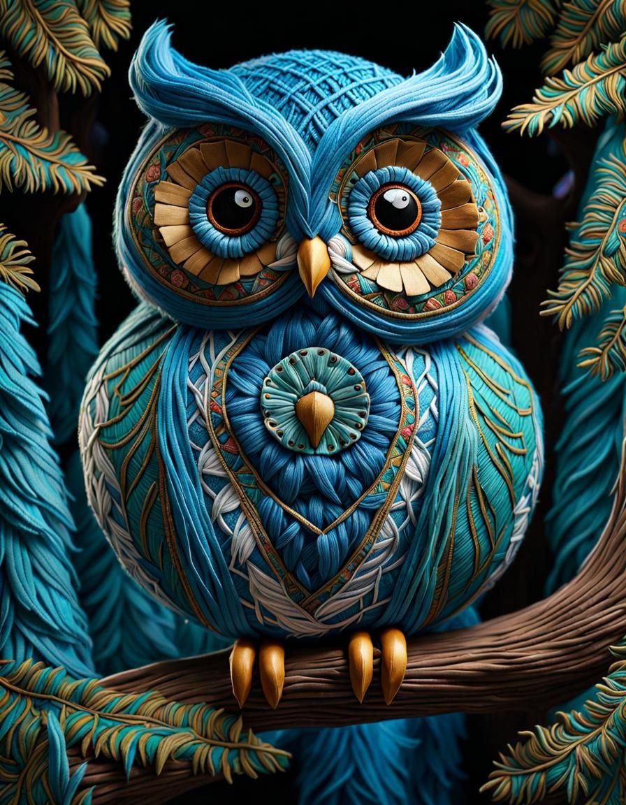 Cerulean Yarn Owl Plushie in Forest