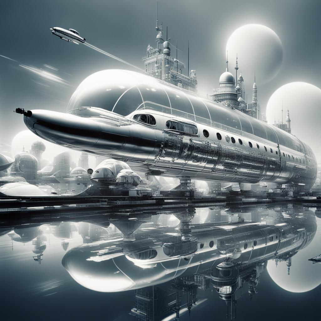 Futuristic 1950s Submarine Scene in Double Exposure