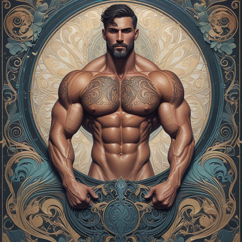 Muscular Art Nouveau Hunk with Luxurious Fur in Bold Lines
