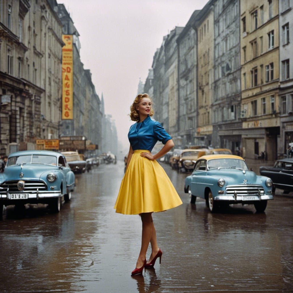 Girl on Rainy Berlin Street in 1950s Photo