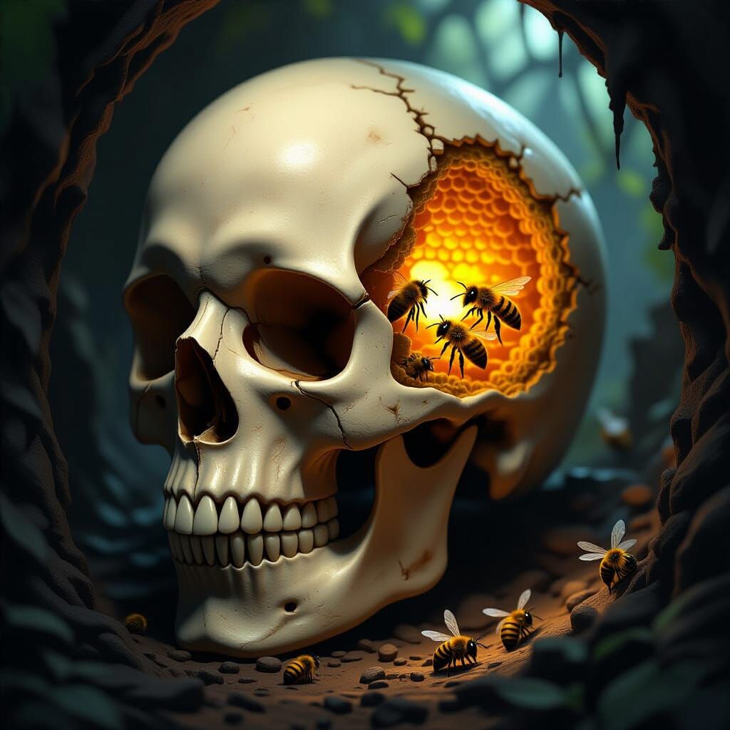 Dark Fantasy Skull with Beehive Inside, Chiaroscuro Lighting