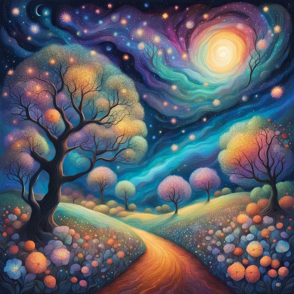 Cosmic Orchard: Iridescent Trees Under Astral Sky