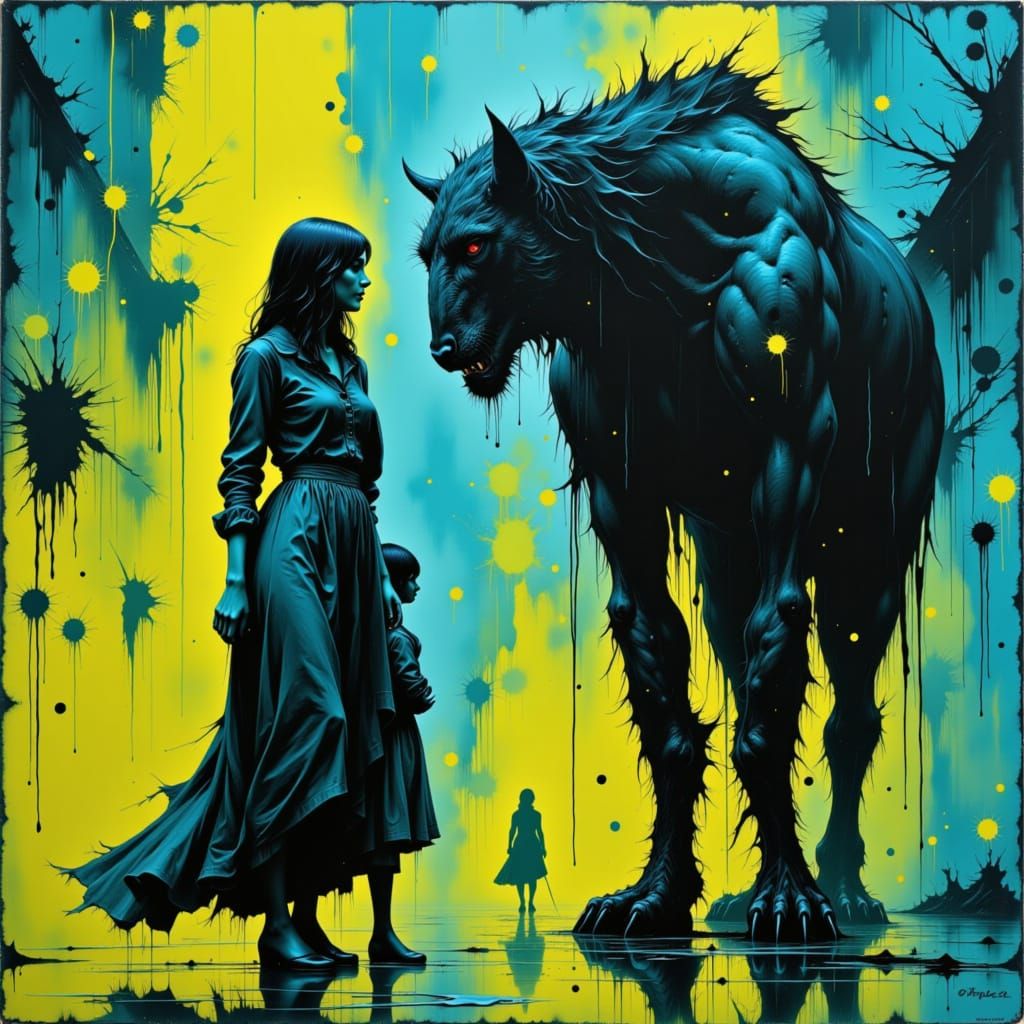 portrait silouette of women and a beast in lime blue and yel...