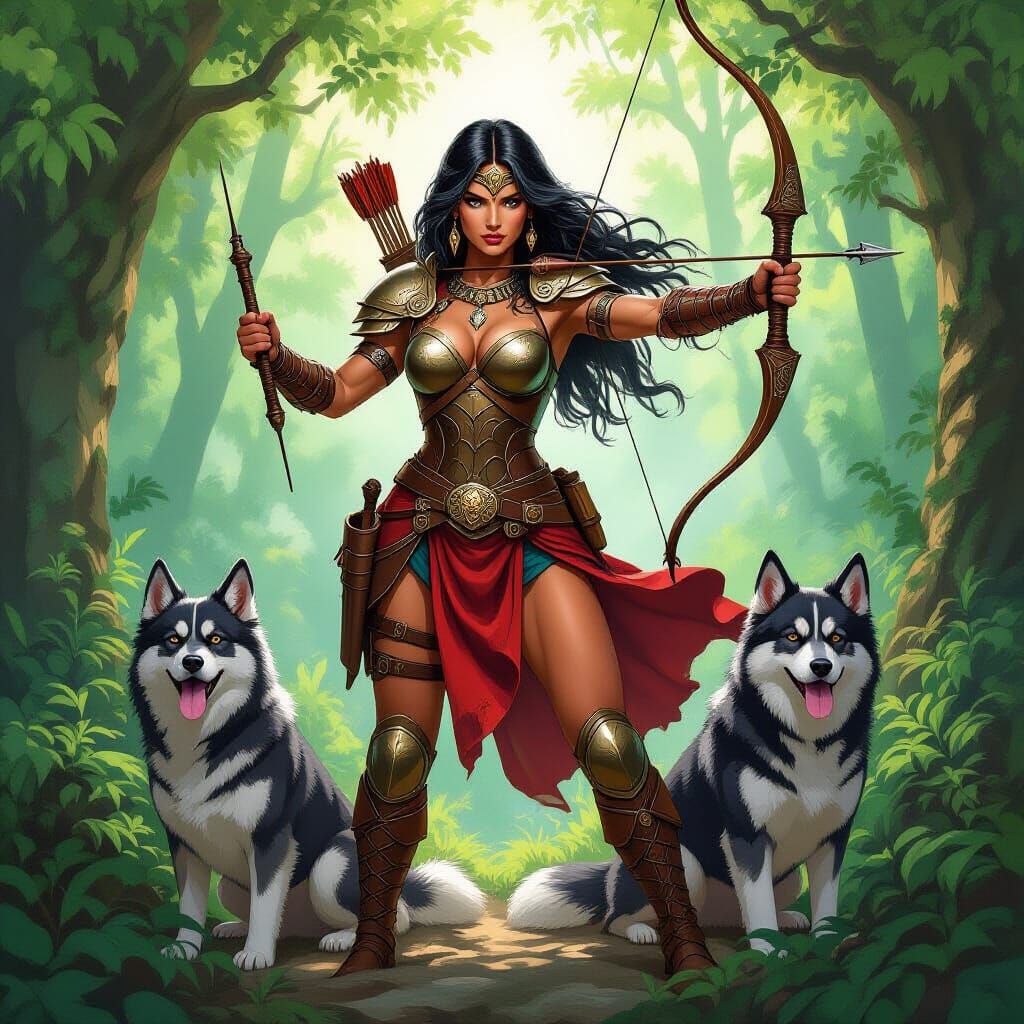 Amazon Goddess With Crossbow in Fantasy Art Style
