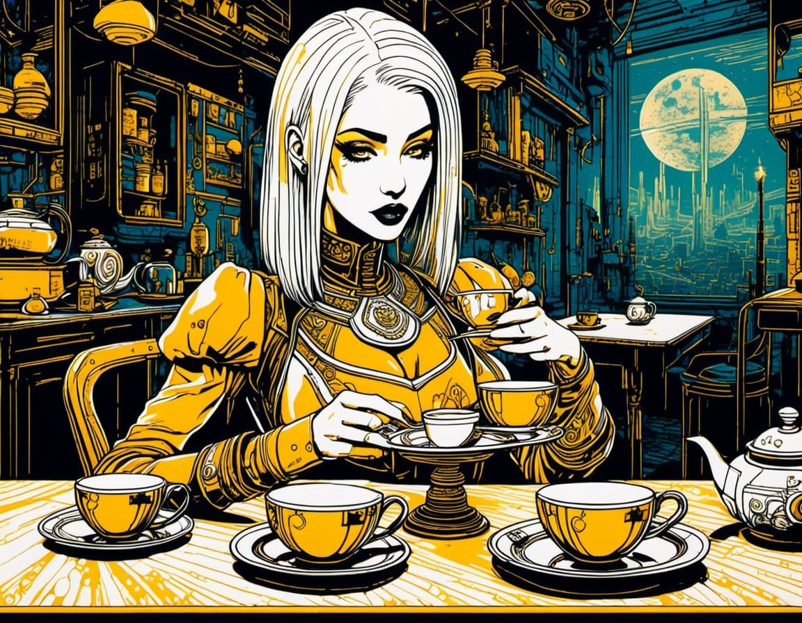 Cyberpunk Cyborg Tea Ceremony in Linocut Style