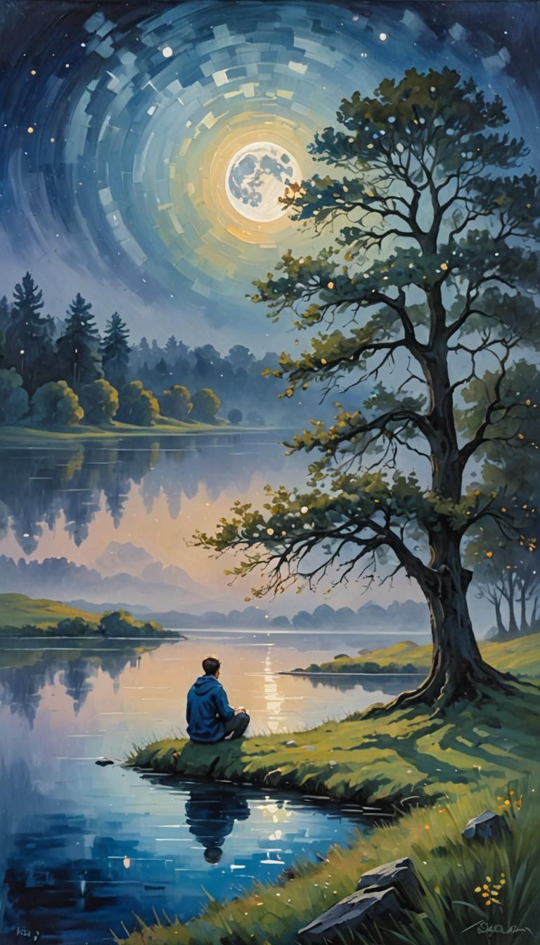 Moonlit Lake: Neo-Impressionist Fantasy Oil Painting