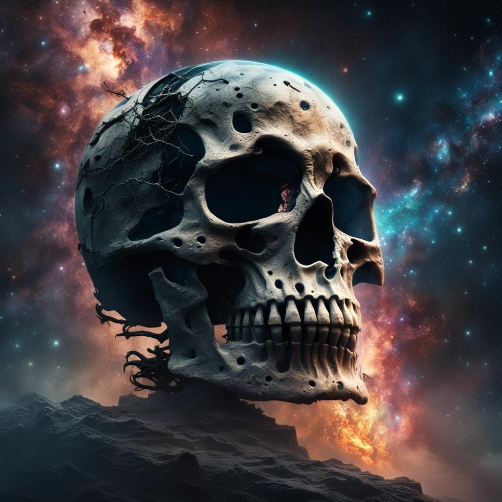Skeleton Head Drifting Through Galaxy: Digital Matte Paintin...