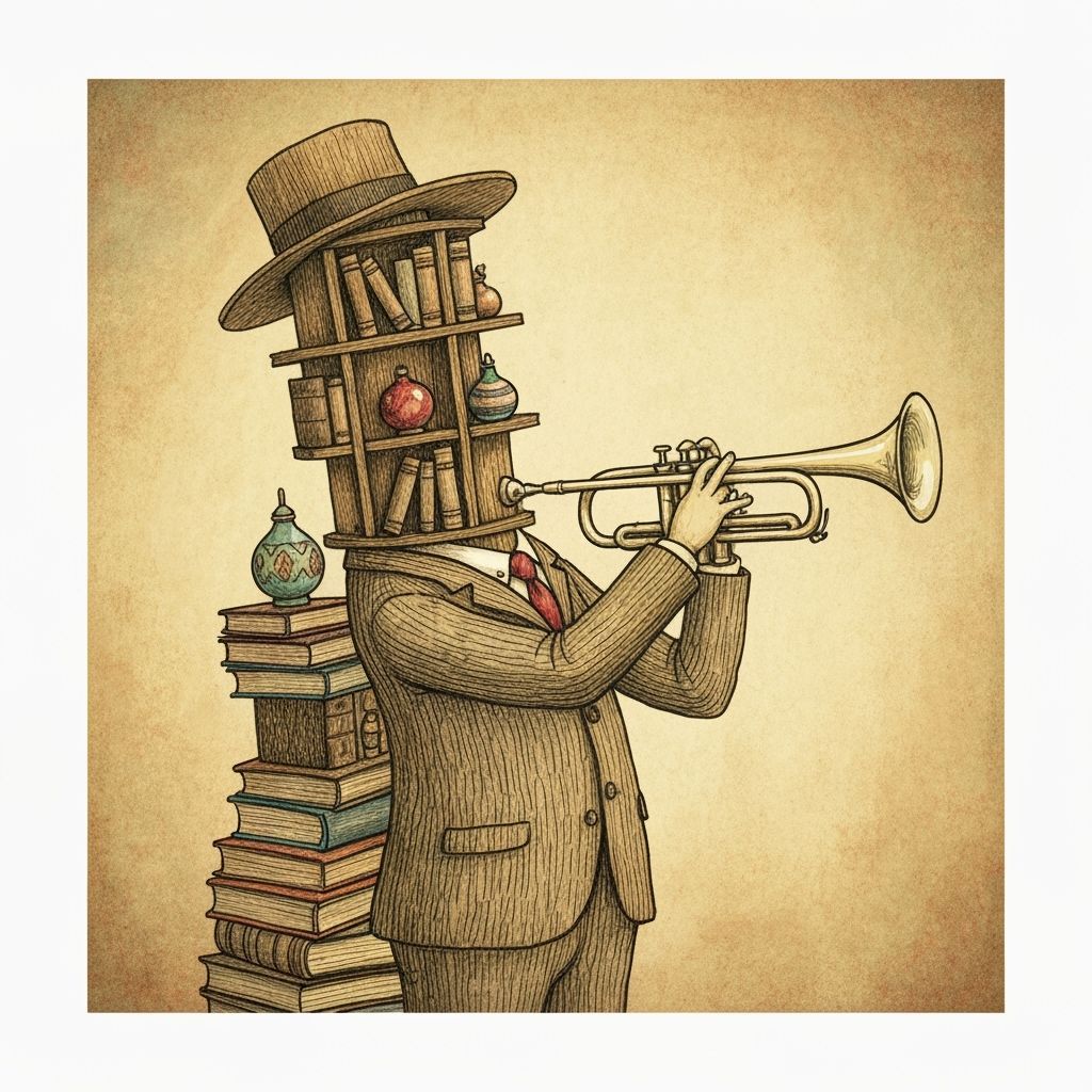 Shelf Man Plays Trumpet in Illustrated Style