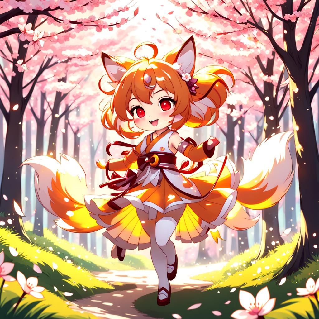 Joyful Kitsune Girl in Anime Style