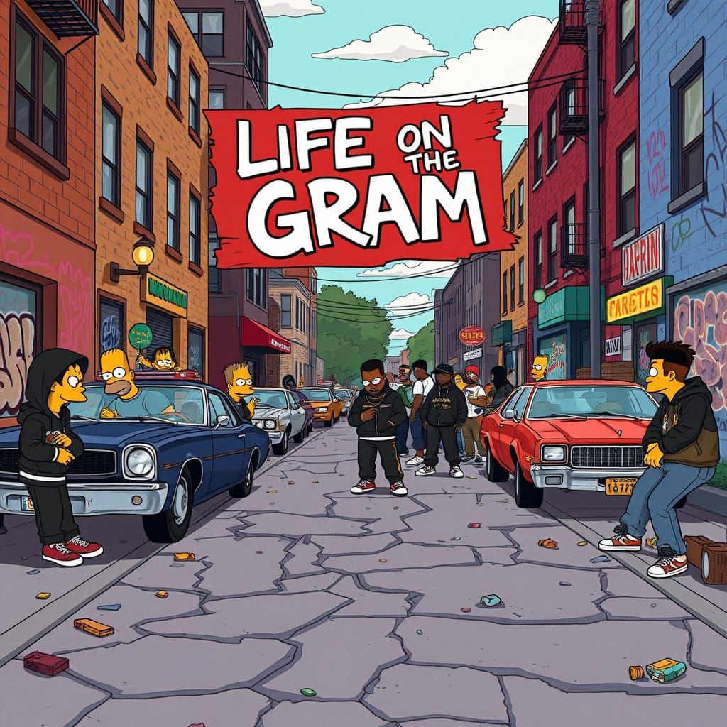 Gritty Urban Block in Simpsons-Inspired Animation Style
