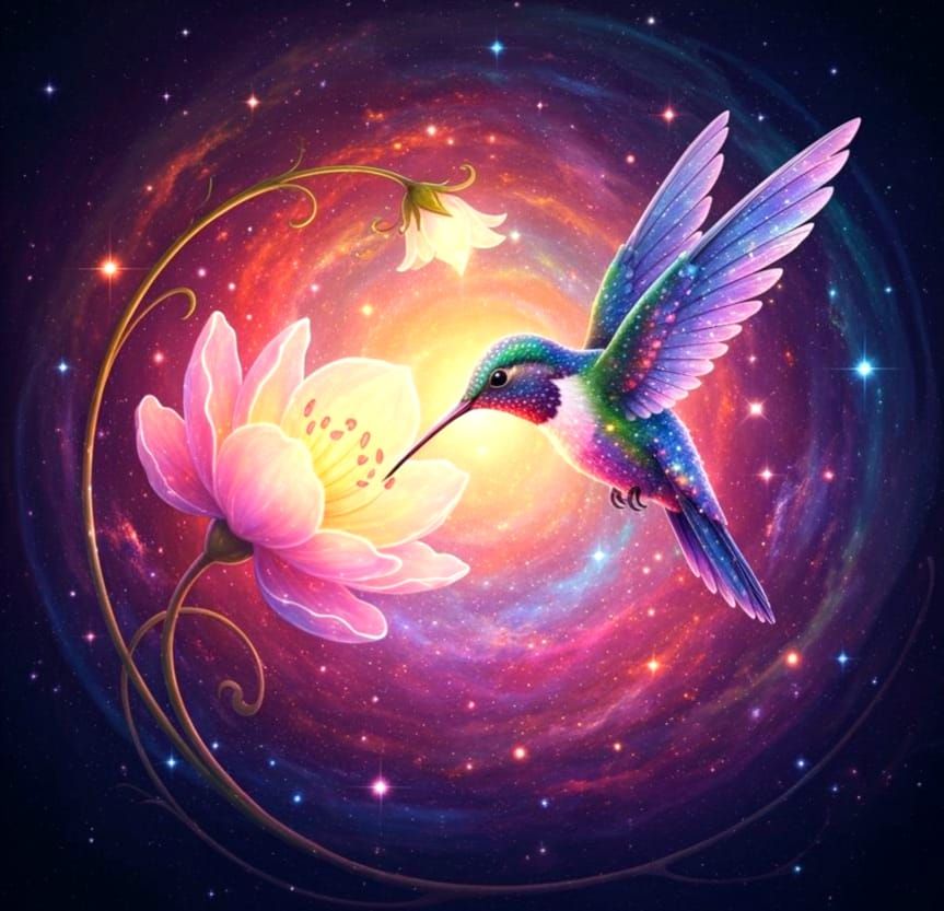 Cosmic Hummingbird Sipping Nectar in Nebula, Fantasy Art