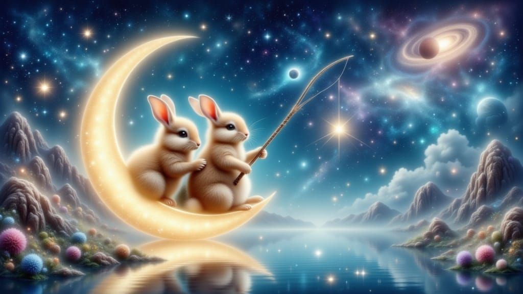 Fluffy Bunnies Fishing for Stars on a Moon