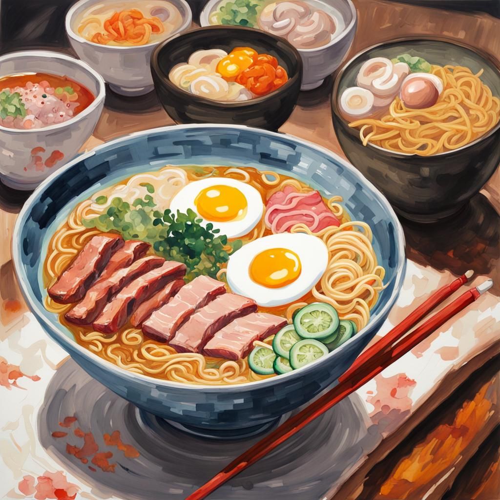 Delicious Ramen Bowl in Gouache Watercolor Style
