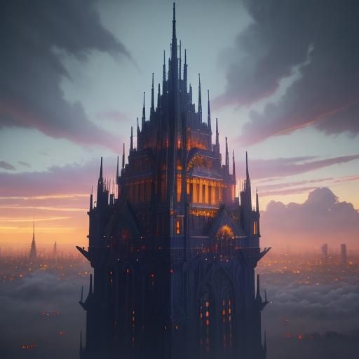 Floating Metropolis in Cloudscape Oil Painting