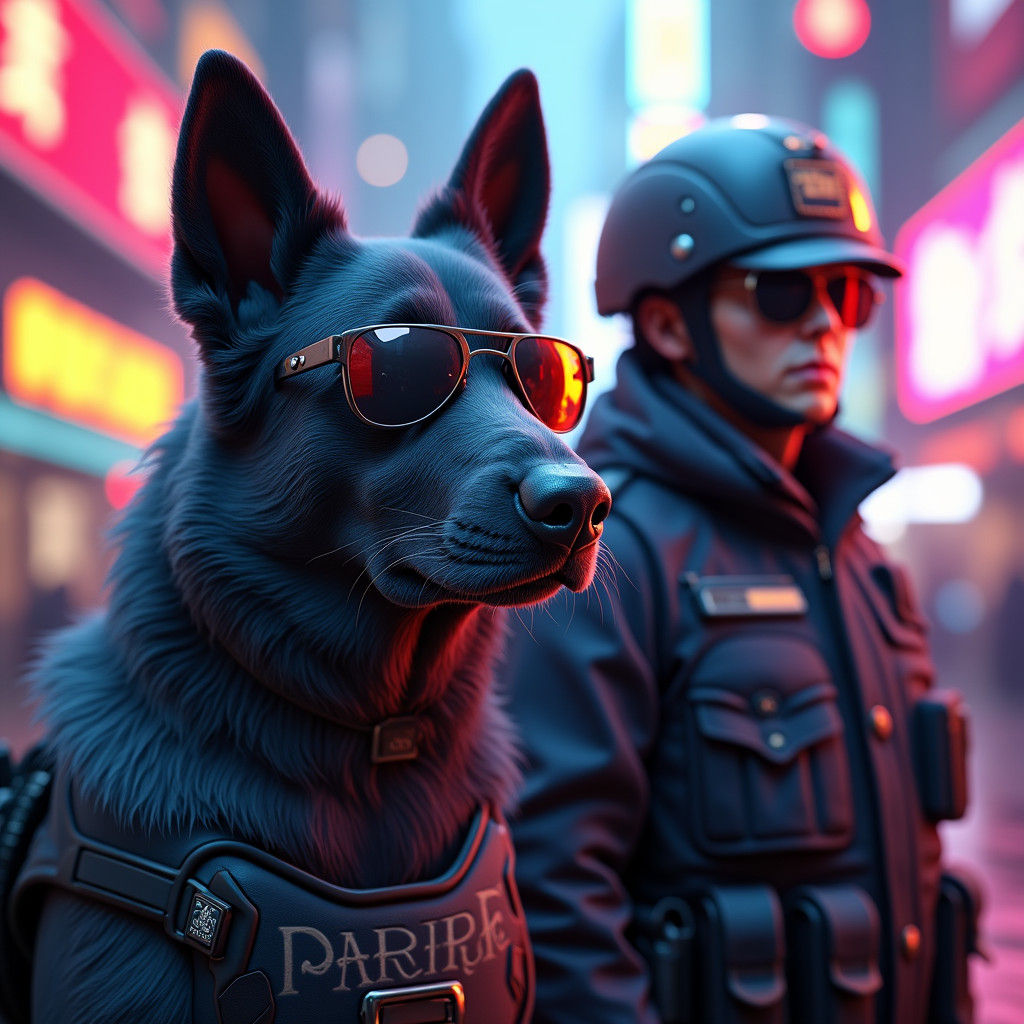 Police Dog with Sunglasses in Neon Cityscape