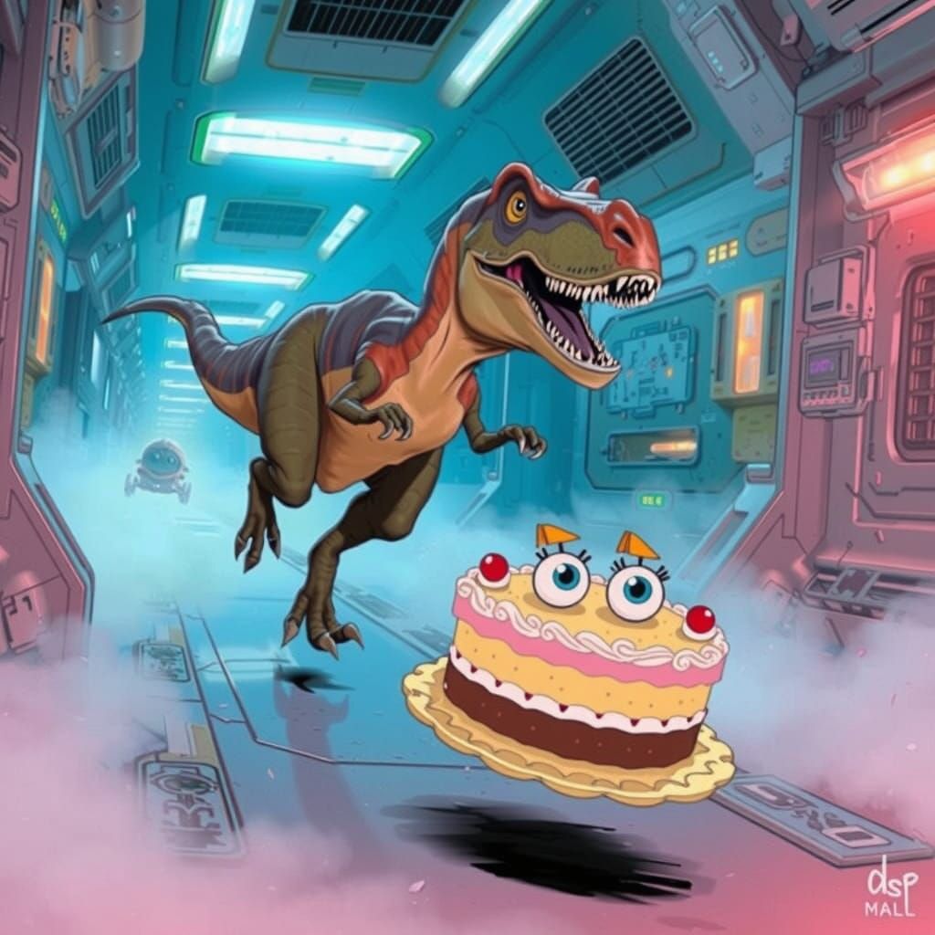Velociraptor Chases Sentient Cake in Zero-G Sci-Fi Corridor