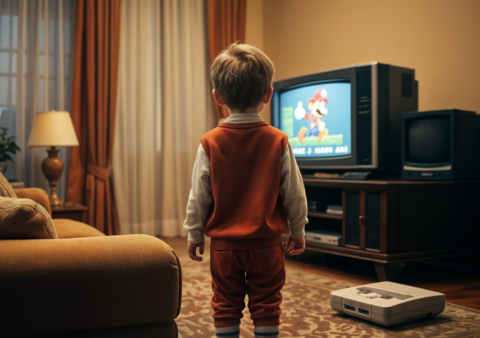 Retro Child Playing SNES with Old TV