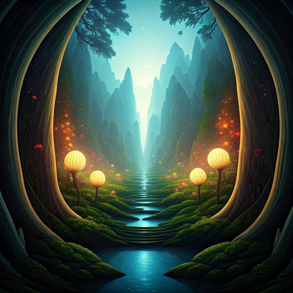 Ethereal Landscape with Vibrant Mist and Shimmering Light