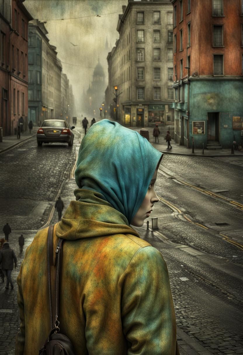 Abstract Polychromatic Cityscape with Alien Pets