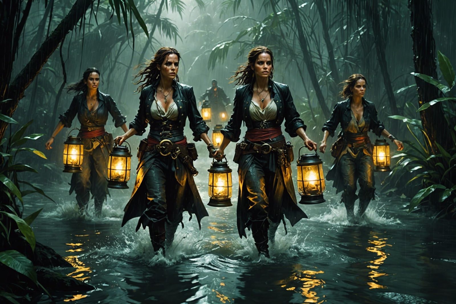 Pirate Women in Jungle Swamp: Fantasy Splash Art