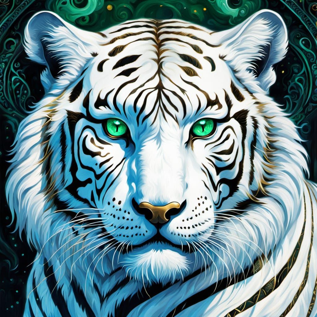 Celestial White Tiger with Emerald Eyes in Oil Painting Styl...