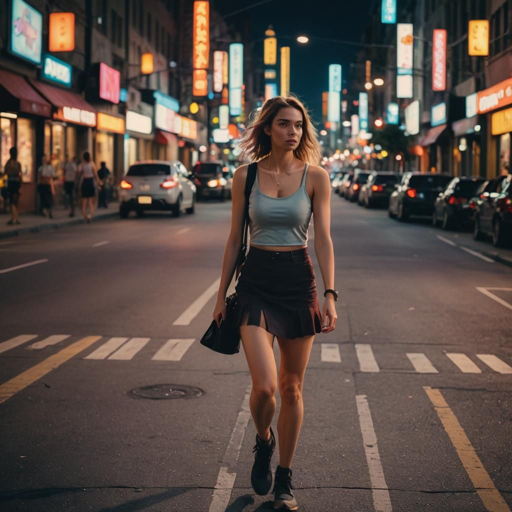 Woman Walks City Street in Cinematic Style