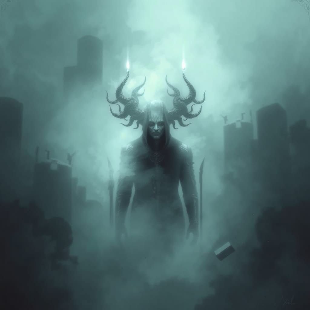 Mysterious Figure in Dark Fantasy Landscape