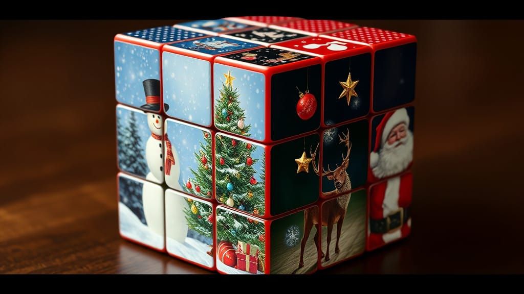Surreal Christmas Wonderland on a Rotating Rubik's Cube