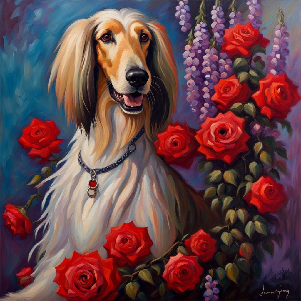 Afghan Hound Portrait with Wisteria in Kandinsky Style