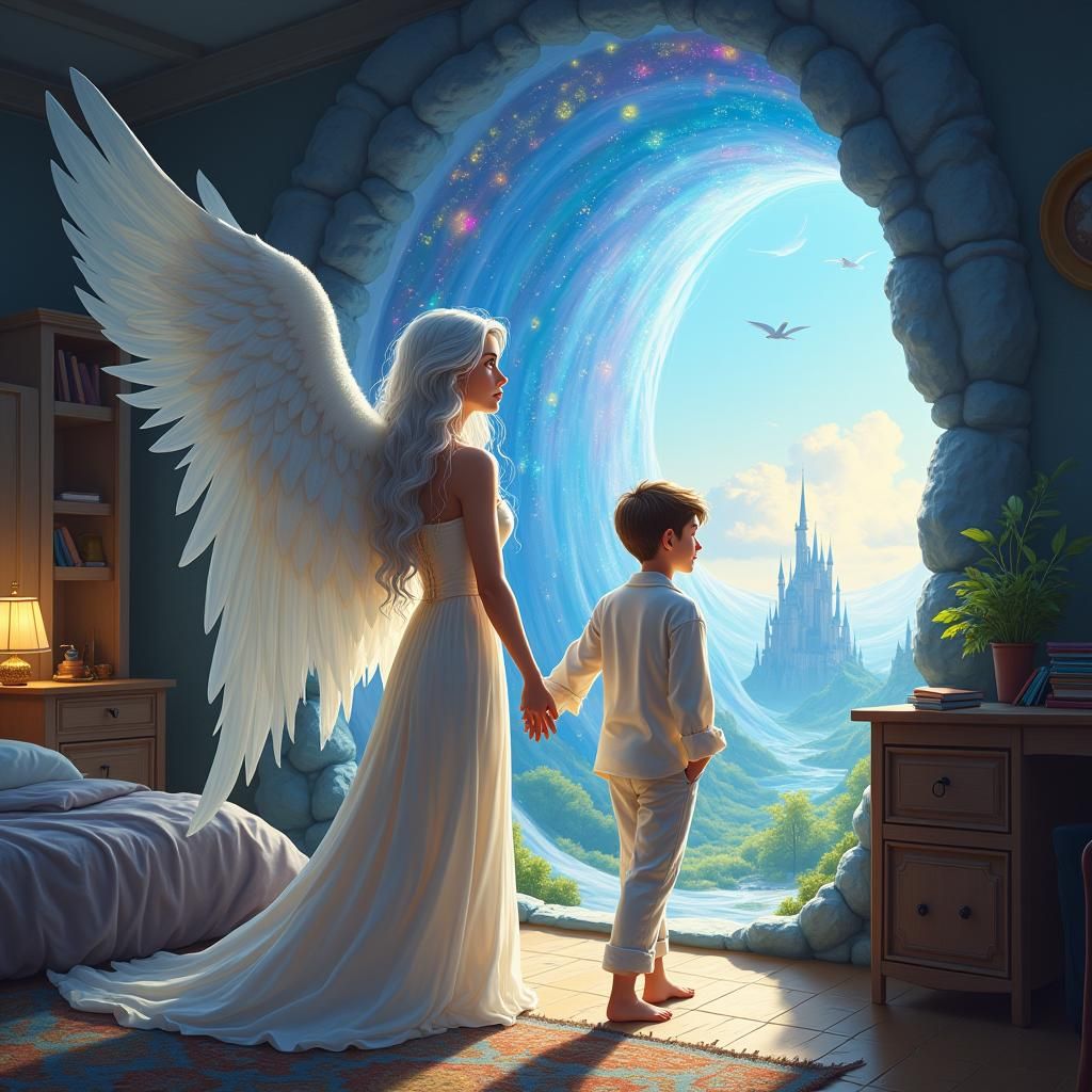 Angel Leads Boy Through Portal to Fantasy World